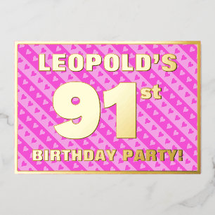Invitación Con Relieve Metalizado Fiesta de cumpleaños número 91 — Corazones y rayas