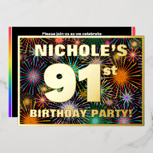 Invitación Con Relieve Metalizado Fiesta de cumpleaños número 91 — Fuegos artificial