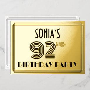 Invitación Con Relieve Metalizado Fiesta de cumpleaños número 92 — Estilo Art Deco “
