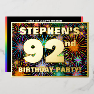 Invitación Con Relieve Metalizado Fiesta de cumpleaños número 92 — Fuegos artificial