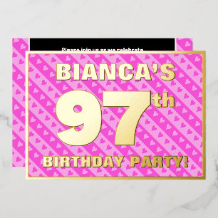 Invitación Con Relieve Metalizado Fiesta de cumpleaños número 97 — Corazones y rayas