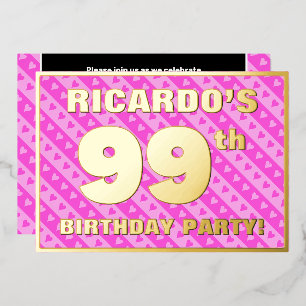 Invitación Con Relieve Metalizado Fiesta de cumpleaños número 99 — Corazones y rayas