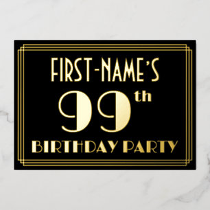 Invitación Con Relieve Metalizado Fiesta de cumpleaños número 99: Estilo Art Deco “9