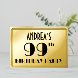 Invitación Con Relieve Metalizado Fiesta de cumpleaños número 99 — Look Art Deco “99