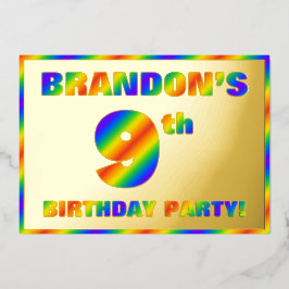 Invitación Con Relieve Metalizado Fiesta de cumpleaños número 9 — divertido “9” con 