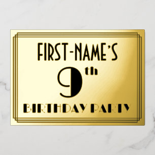 Invitación Con Relieve Metalizado Fiesta de Cumpleaños número 9 — Estilo Art Deco “9