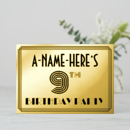 Invitación Con Relieve Metalizado Fiesta de Cumpleaños número 9 — Estilo Art Deco “9
