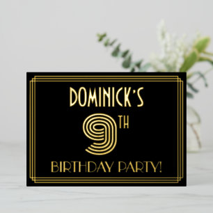 Invitación Con Relieve Metalizado Fiesta de Cumpleaños número 9 — Estilo Art Deco “9