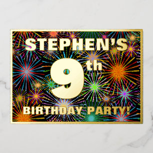 Invitación Con Relieve Metalizado Fiesta de cumpleaños número 9 — Fuegos artificiale