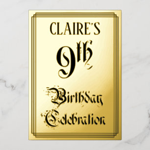 Invitación Con Relieve Metalizado Fiesta de cumpleaños número 9 — Letra elegante + n