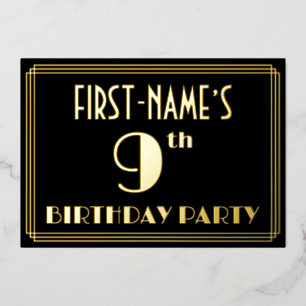 Invitación Con Relieve Metalizado Fiesta de cumpleaños número 9: Look Art Déco “9”, 