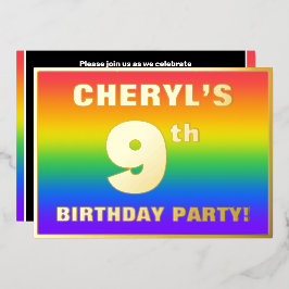 Invitación Con Relieve Metalizado Fiesta de cumpleaños número 9: Patrón de arcoíris 