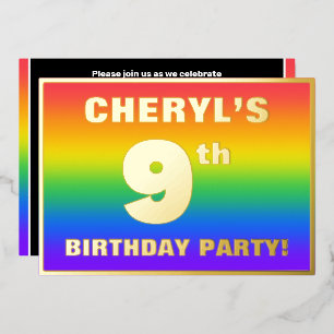 Invitación Con Relieve Metalizado Fiesta de cumpleaños número 9: Patrón de arcoíris