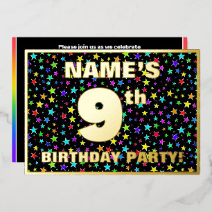 Invitación Con Relieve Metalizado Fiesta de cumpleaños número 9 — Patrón de estrella