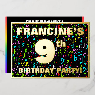 Invitación Con Relieve Metalizado Fiesta de cumpleaños número 9 — Símbolos musicales