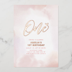 Invitación Con Relieve Metalizado Fiesta de cumpleaños número uno de niña con corazó