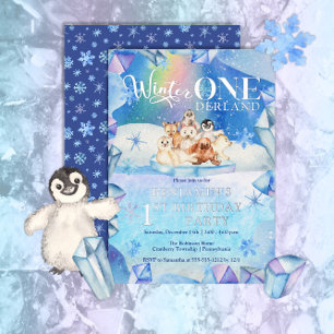 Invitación Con Relieve Metalizado Fiesta de cumpleaños número uno de Winter ONEderla