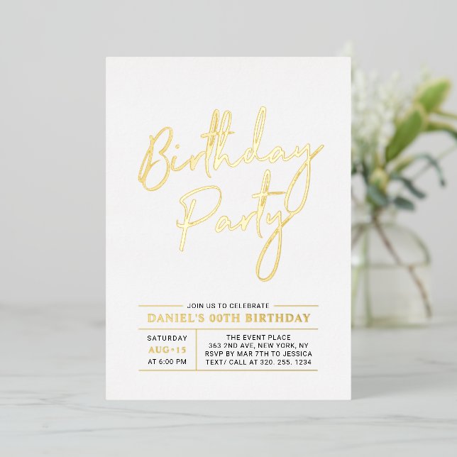 Invitación Con Relieve Metalizado Fiesta de cumpleaños para adultos con guión de pin (Anverso de pie)