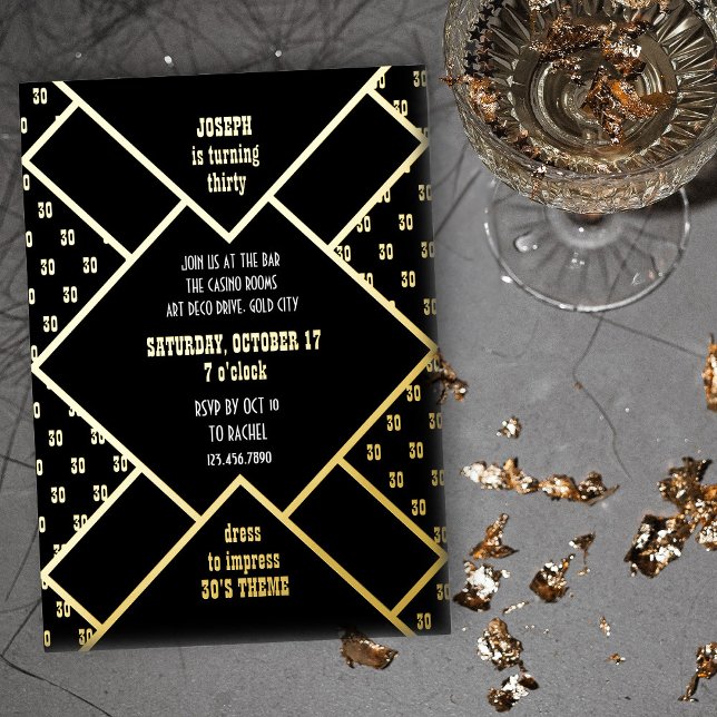 Invitación Con Relieve Metalizado Fiesta de cumpleaños para adultos Cualquier edad B (Gold Foil Invitation for Any Age Adult Birthday Party with black and white western art deco theme)
