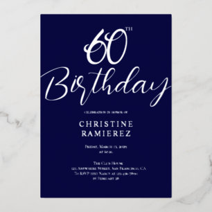 Invitación Con Relieve Metalizado Fiesta de Cumpleaños Sesenta Azul Marino Plata Fot