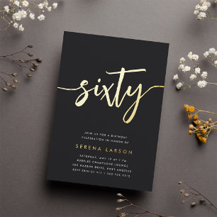 Invitación Con Relieve Metalizado Fiesta de Cumpleaños Sesenta con Guión Dorado