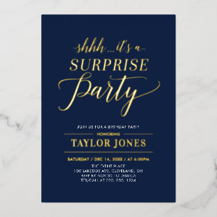 Invitación Con Relieve Metalizado Fiesta de cumpleaños sorpresa azul marino y dorado