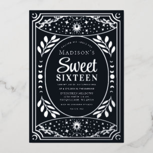 Invitación Con Relieve Metalizado Fiesta de Cumpleaños Sweet 16 Bruja Tarot de Plata