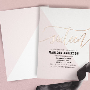 Invitación Con Relieve Metalizado Fiesta de Cumpleaños Sweet 16 de Color Bloque Rosa