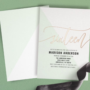 Invitación Con Relieve Metalizado Fiesta de Cumpleaños Sweet 16 de Color Verde Menta