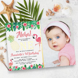 Invitación Con Relieve Metalizado Fiesta de Cumpleaños Tropical de Verano para Niñas