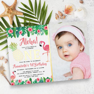 Invitación Con Relieve Metalizado Fiesta de Cumpleaños Tropical de Verano para Niñas