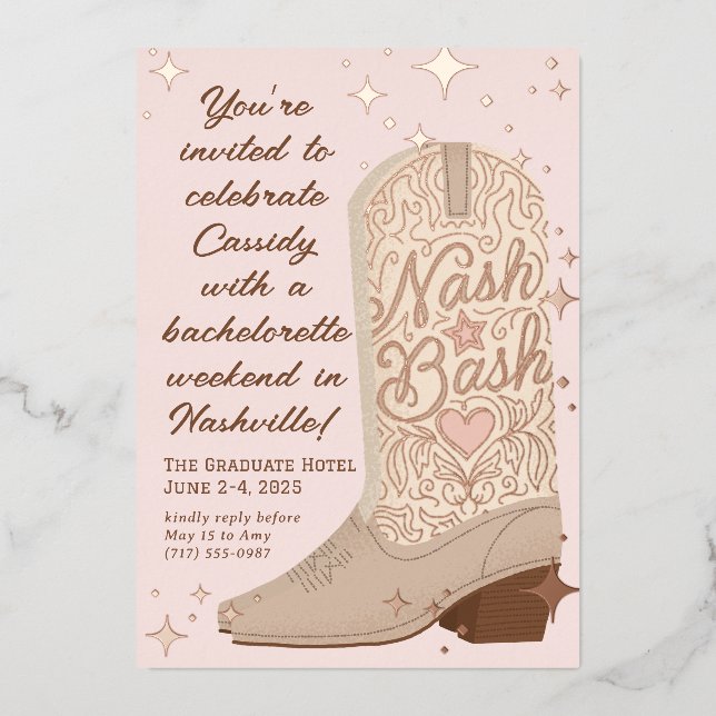 Invitación Con Relieve Metalizado Fiesta de Despedida de Soltera con Botas de Vaquer (Anverso)