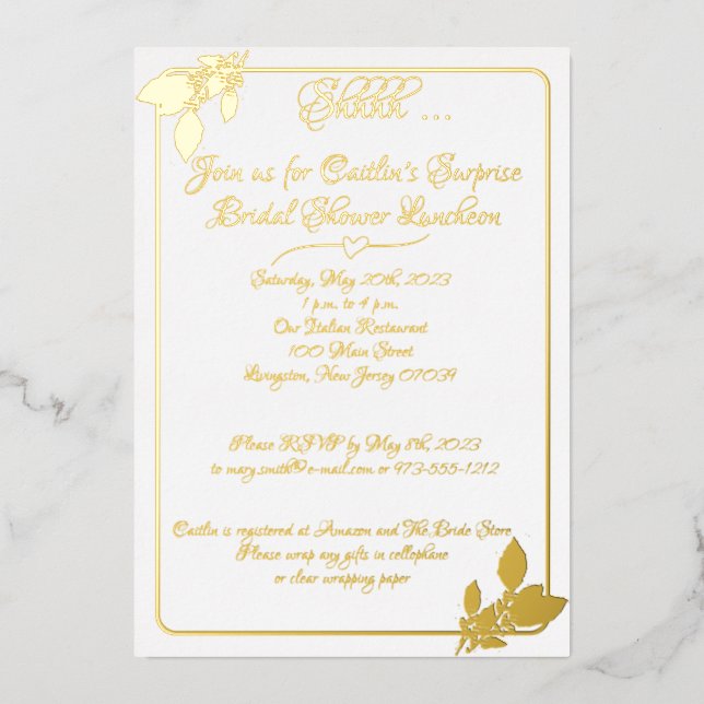 Invitación Con Relieve Metalizado Fiesta de Despedida de Soltera Floral, Elegante Bl (Anverso)