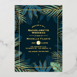 Invitación Con Relieve Metalizado Fiesta de Despedida Tropical Verde Azul y Dorado