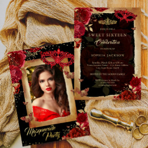 Invitación Con Relieve Metalizado Fiesta de disfraz de foto Sweet Sixteen Rosa Roja