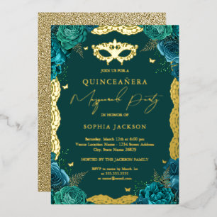 Invitación Con Relieve Metalizado Fiesta de Disfraz Floral de Encaje Azul Teal Quinc