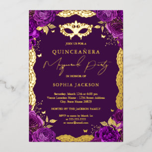 Invitación Con Relieve Metalizado Fiesta de Disfraz Floral de Encaje Morado Quinceañ