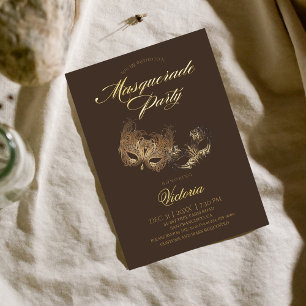Invitación Con Relieve Metalizado Fiesta de Disfraz Marrón