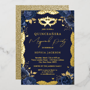 Invitación Con Relieve Metalizado Fiesta de Disfraz Naval de Encaje Floral Quinceañe