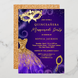 Invitación Con Relieve Metalizado Fiesta de Disfraz Purpura Vestido de Quinceañera D