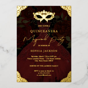 Invitación Con Relieve Metalizado Fiesta de Disfraz Rojo Máscara de Oro Vestido Quin