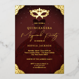 Invitación Con Relieve Metalizado Fiesta de Disfraz Traje de Borgoña Quinceañera