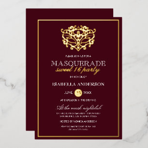 Invitación Con Relieve Metalizado Fiesta de Dulces 16 años Mascarada Chic Burgundy R