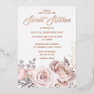 Invitación Con Relieve Metalizado Fiesta de Dulces 16 Rosas Doradas Flores de Rubor