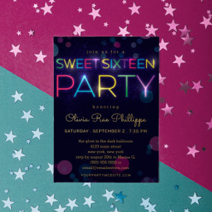 Invitación Con Relieve Metalizado Fiesta de Dulces Dieciséis Años con Neon Brillante