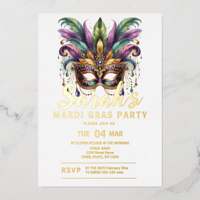 Invitación Con Relieve Metalizado Fiesta de feriado de Mardi Gras (Anverso)
