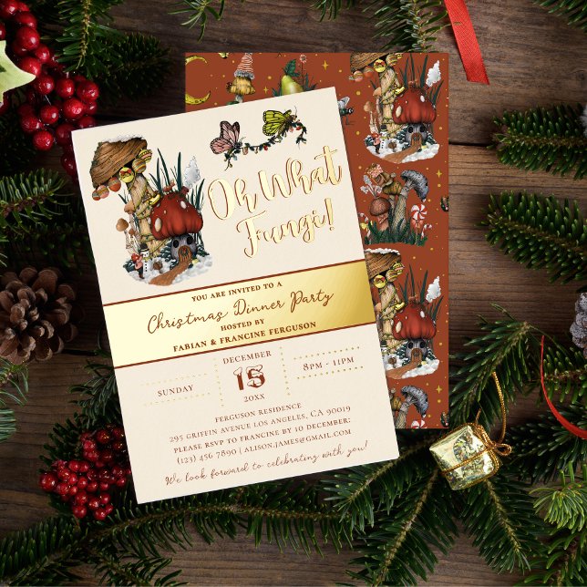 Invitación Con Relieve Metalizado Fiesta de feriado para Navidades de la casa de los (Real Gold Foil Magical Mushroom Christmas Dinner Party Invitations)