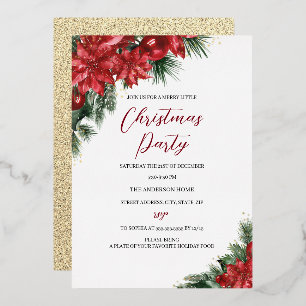 Invitación Con Relieve Metalizado Fiesta de Follaje Festivo de Navidad en Oro Rojo
