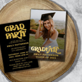 Invitación Con Relieve Metalizado Fiesta de Fotos de Graduado con Hojas de Oro Retro