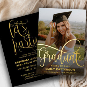Invitación Con Relieve Metalizado Fiesta de Fotos de Graduado con Hojuela de Oro Mod